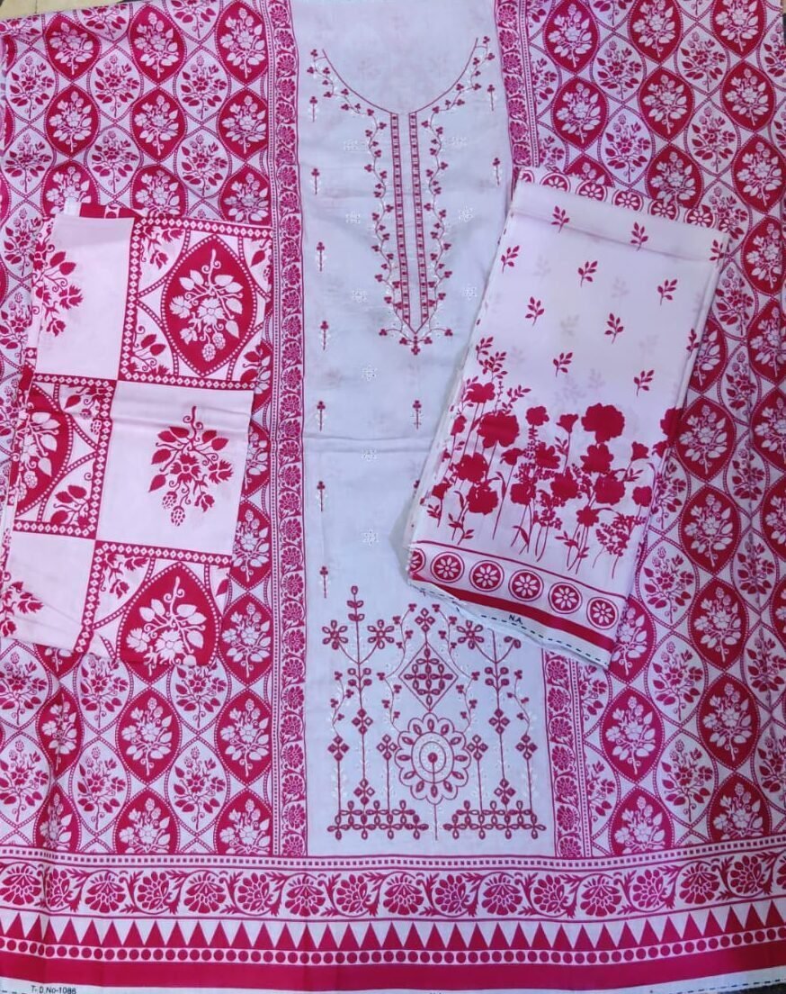 3 PEICE PRINTED COTTON SHIRT BORING DAMAN EMBROIDERED - Image 2