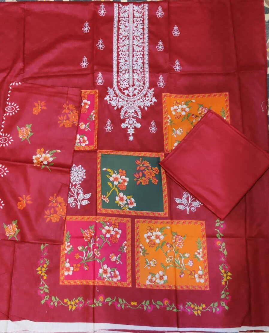3 PEICE PRINTED COTTON SHIRT BORING DAMAN EMBROIDERED - Image 2