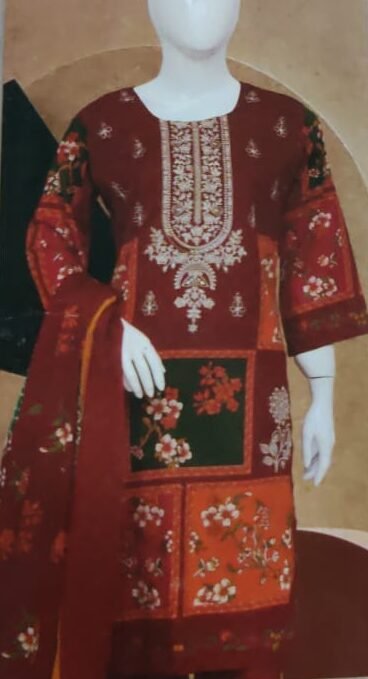 3 PEICE PRINTED COTTON SHIRT BORING DAMAN EMBROIDERED